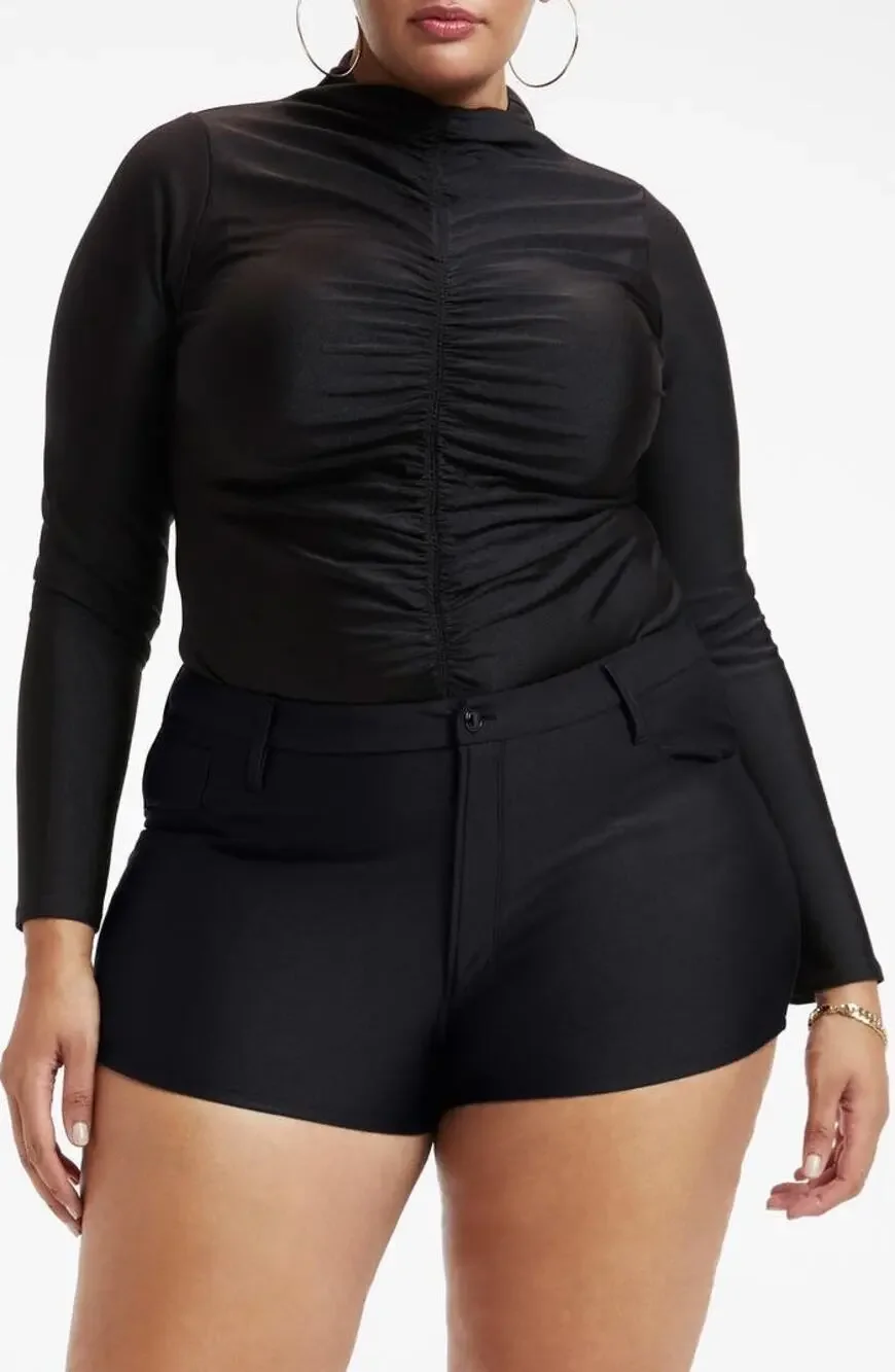 Good American Good Touch Disco Ruched Mock Neck Thong Bodysuit Black Size XXL